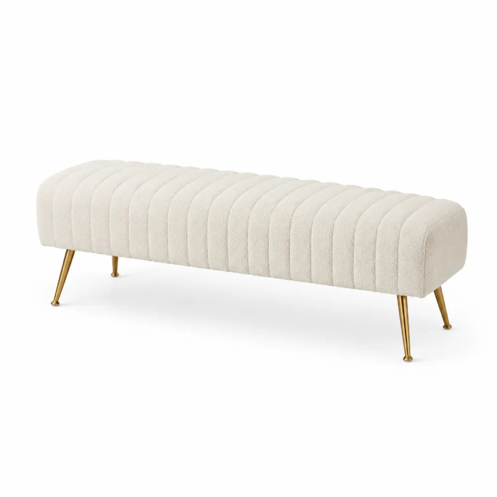 Banc de chambre rectangulaire 140 x 45 x 45 cm en polyester bouclé crème avec pieds en acier doré