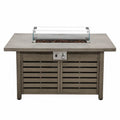 Table brasero extérieure rectangulaire 122 x 71 x 64 cm en pierre composite gris et acier effet bois avec pare-vent en verre trempé