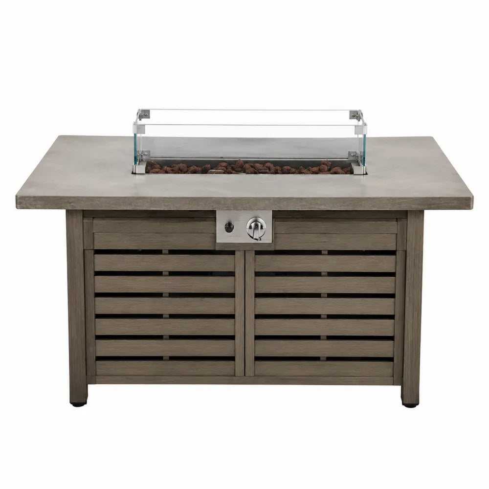 Table brasero extérieure rectangulaire 122 x 71 x 64 cm en pierre composite gris et acier effet bois avec pare-vent en verre trempé