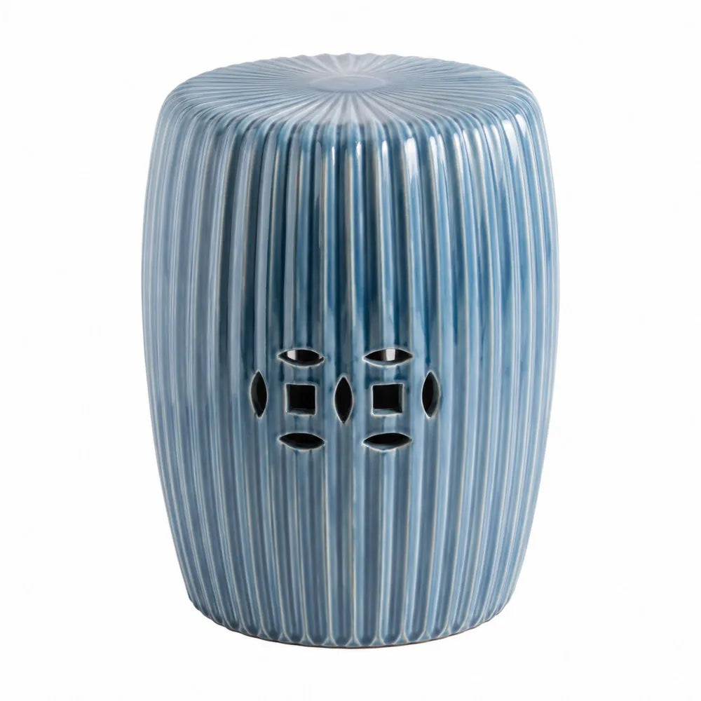 Table d’appoint extérieure cylindrique 45 x 45 x 50 cm en grès céramique émaillé bleu cannelé